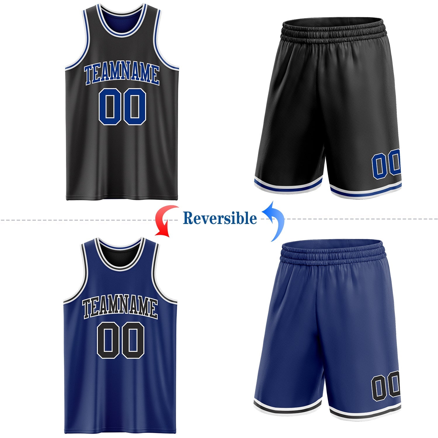 Custom Reversible Black Royal-White Double Side Sublimation Basketball Set Jersey