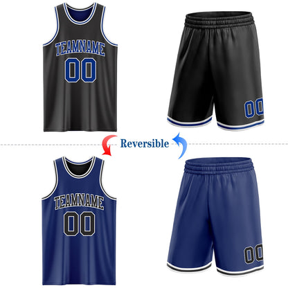 Custom Reversible Black Royal-White Double Side Sublimation Basketball Set Jersey
