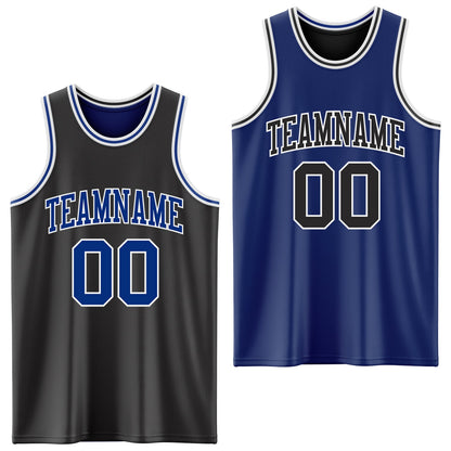Custom Reversible Black Royal-White Double Side Sublimation Basketball Set Jersey