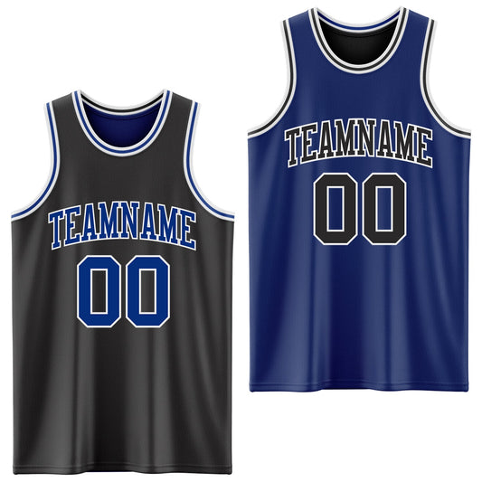 Custom Reversible Black Royal-White Double Side Sublimation Basketball Set Jersey