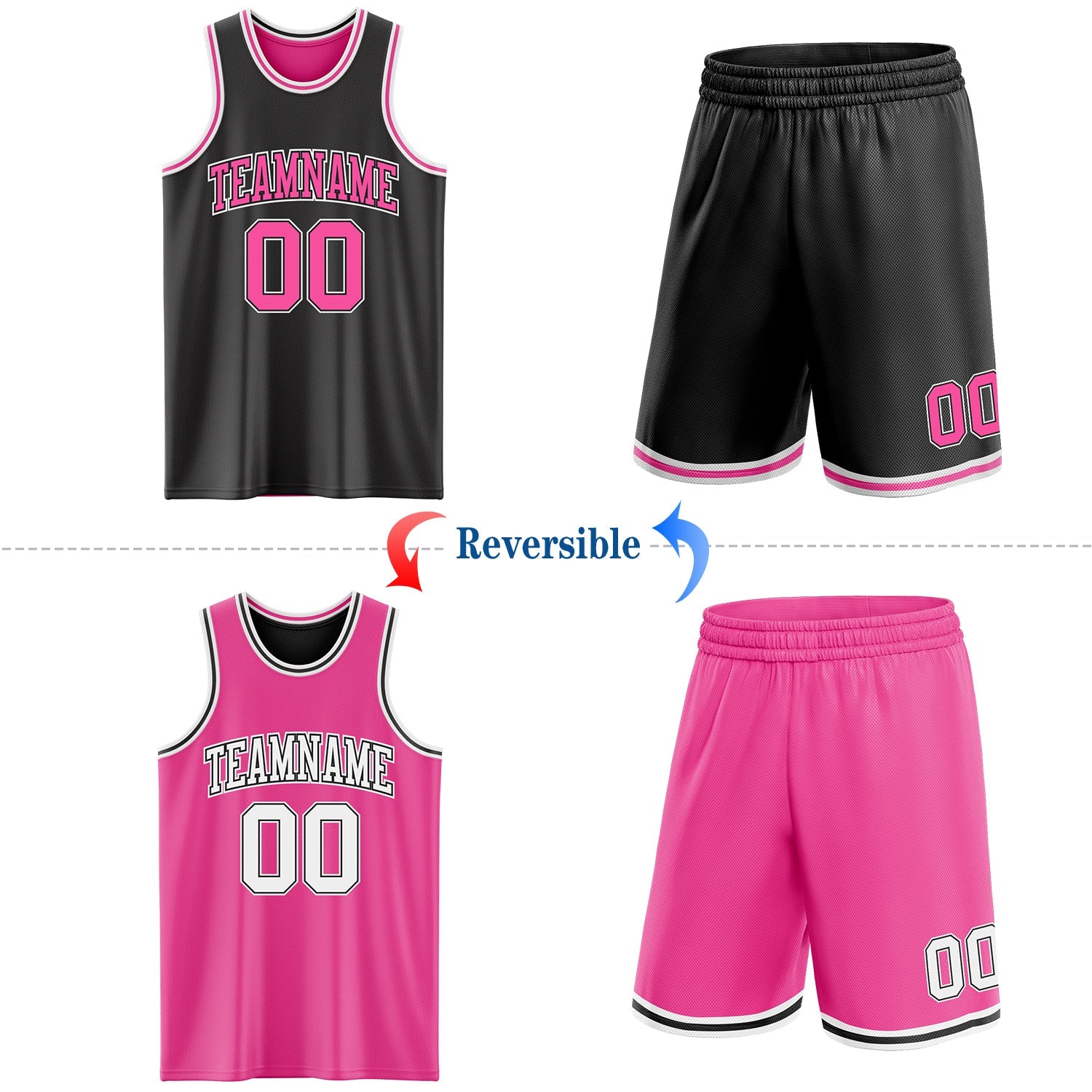Custom Reversible Black Pink-White Double Side Sublimation Basketball Set Jersey
