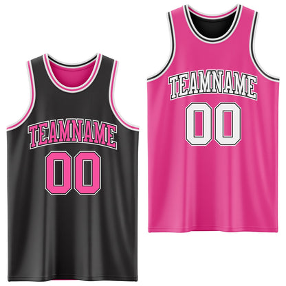Custom Reversible Black Pink-White Double Side Sublimation Basketball Set Jersey