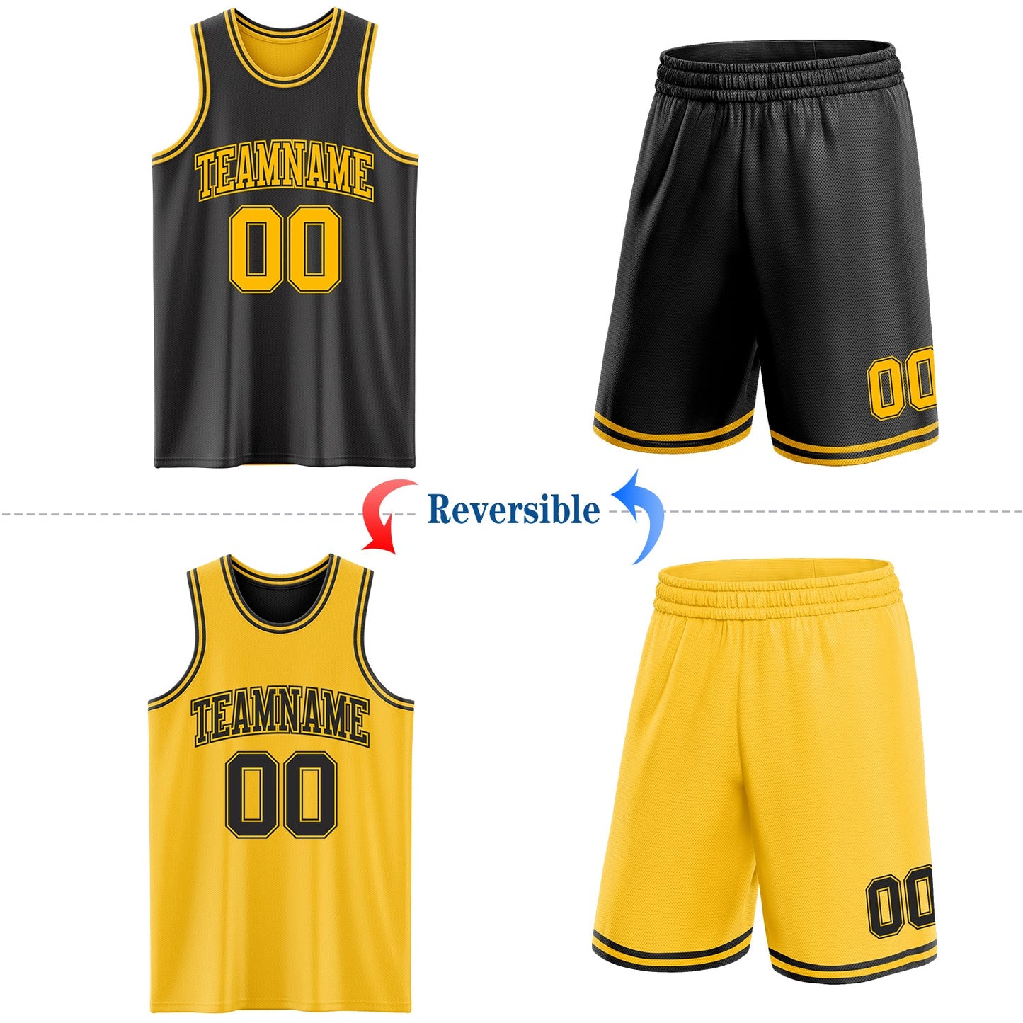 Custom Reversible Black Gold Double Side Sublimation Basketball Set Jersey