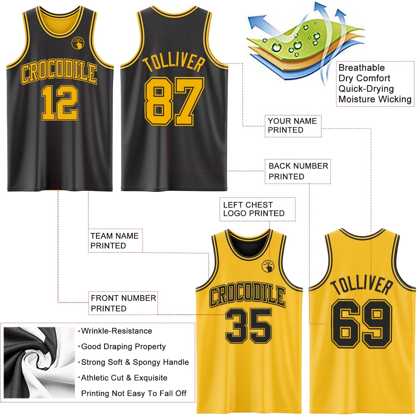 Custom Reversible Black Gold Double Side Sublimation Basketball Set Jersey