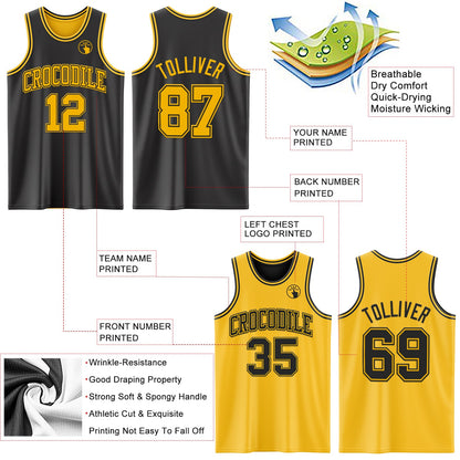 Custom Reversible Black Gold Double Side Sublimation Basketball Set Jersey