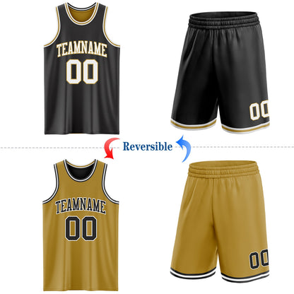Custom Reversible Black White-Old Gold Double Side Sublimation Basketball Set Jersey