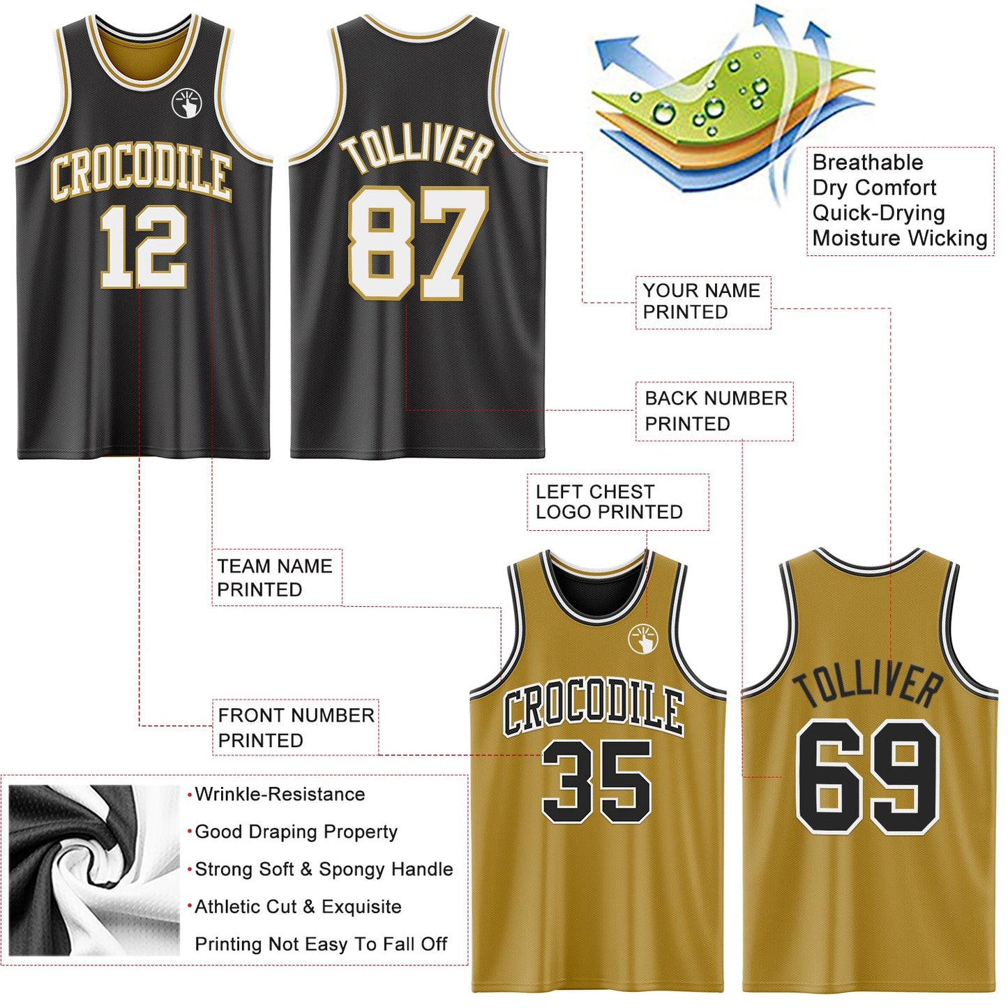 Custom Reversible Black White-Old Gold Double Side Sublimation Basketball Set Jersey