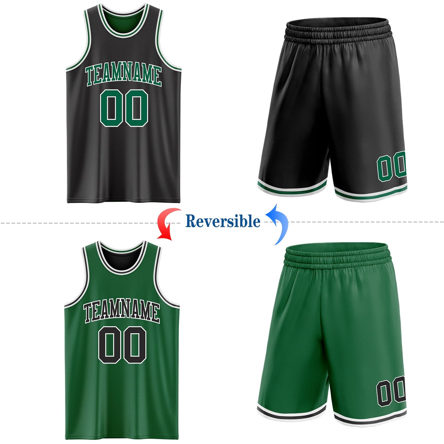 Custom Reversible Black Kelly Green-White Double Side Sublimation Basketball Set Jersey