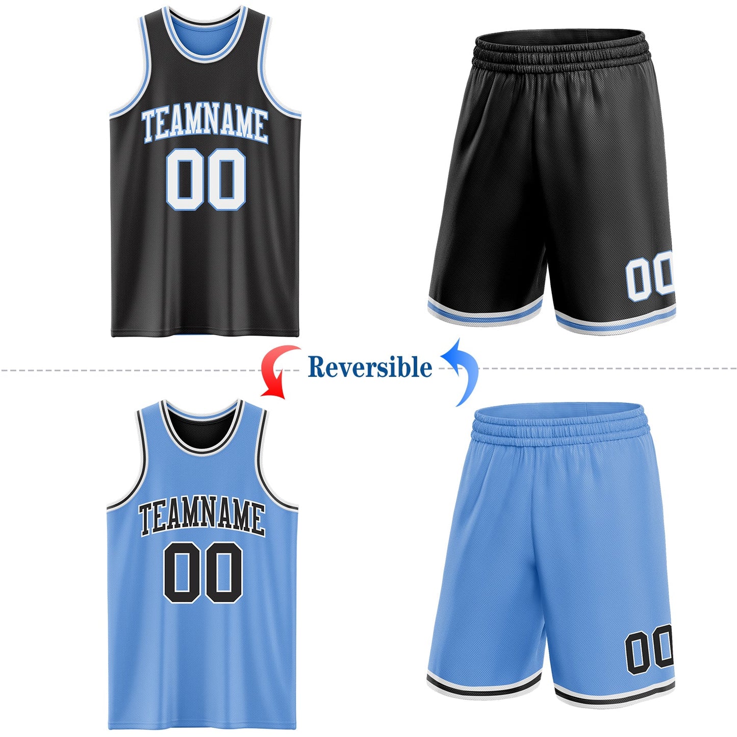 Custom Reversible Black White-Light Blue Double Side Sublimation Basketball Set Jersey