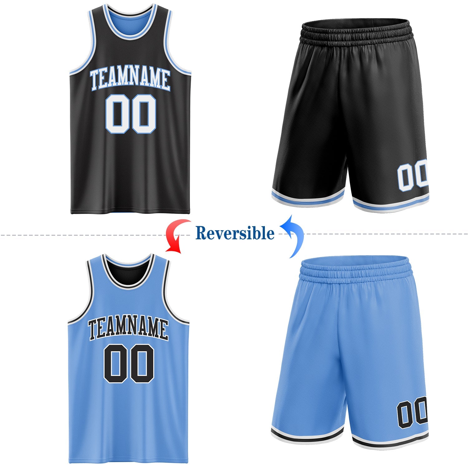 Custom Reversible Black White-Light Blue Double Side Sublimation Basketball Set Jersey