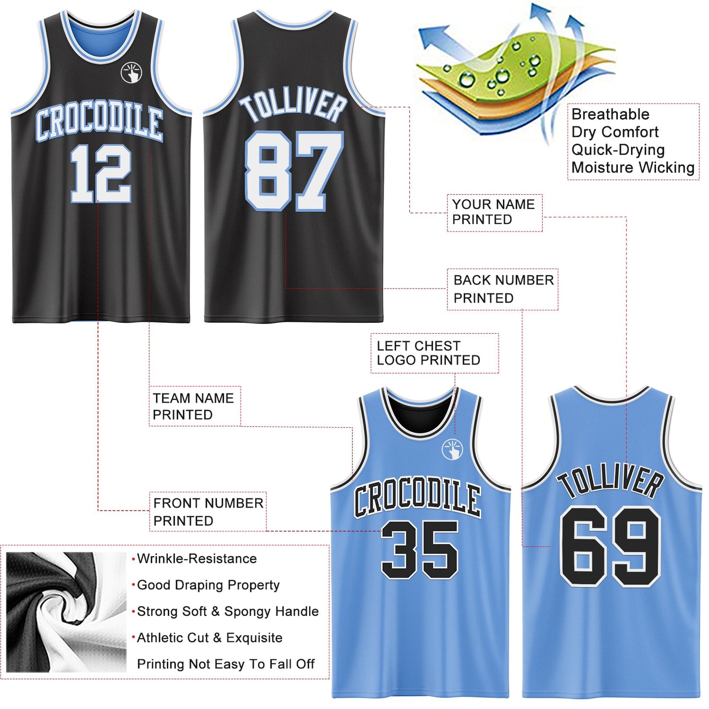 Custom Reversible Black White-Light Blue Double Side Sublimation Basketball Set Jersey