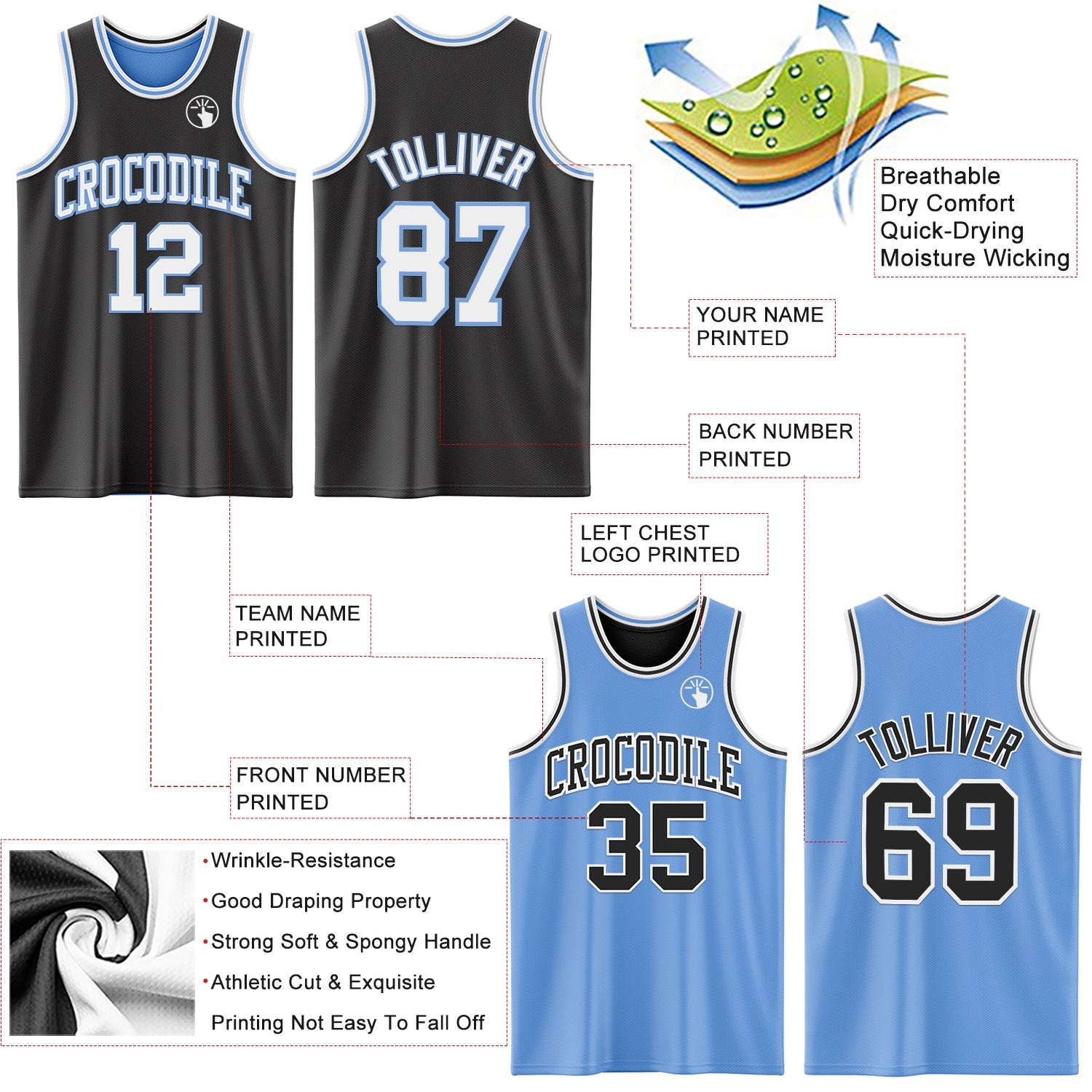 Custom Reversible Black White-Light Blue Double Side Sublimation Basketball Set Jersey