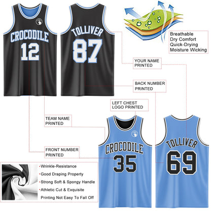 Custom Reversible Black White-Light Blue Double Side Sublimation Basketball Set Jersey
