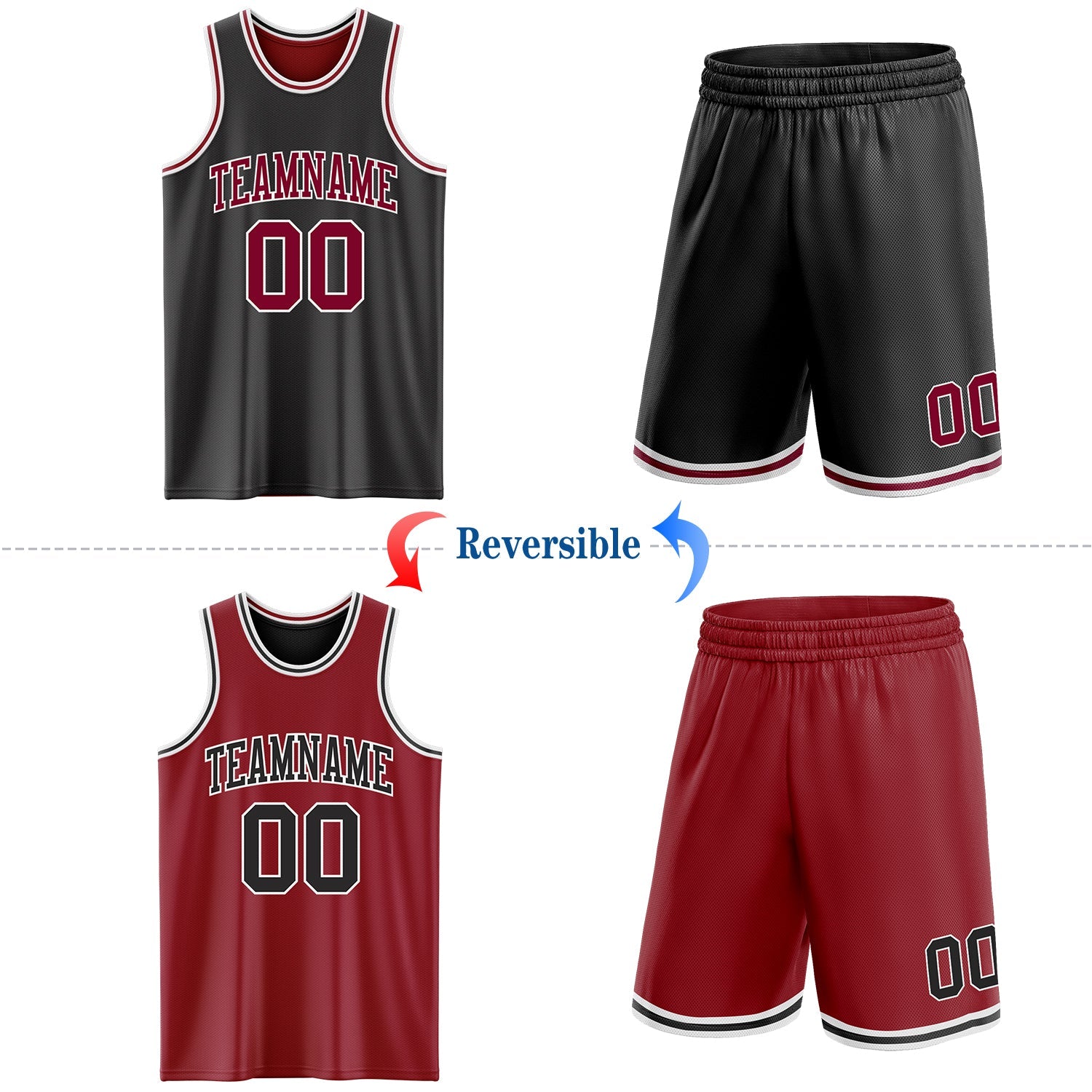 Custom Reversible Black Maroon-White Double Side Sublimation Basketball Set Jersey