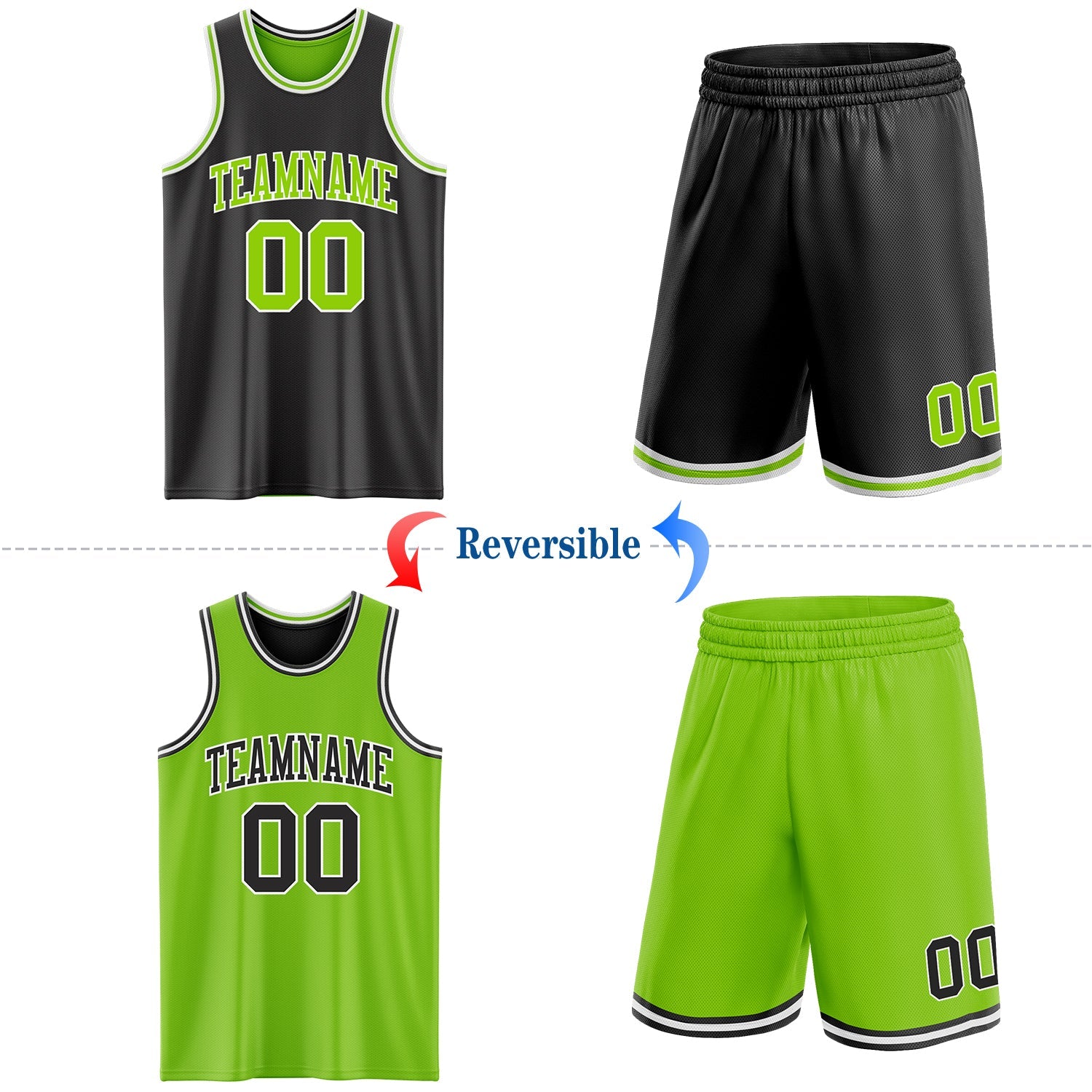 Custom Reversible Black Neon Green-White Double Side Sublimation Basketball Set Jersey