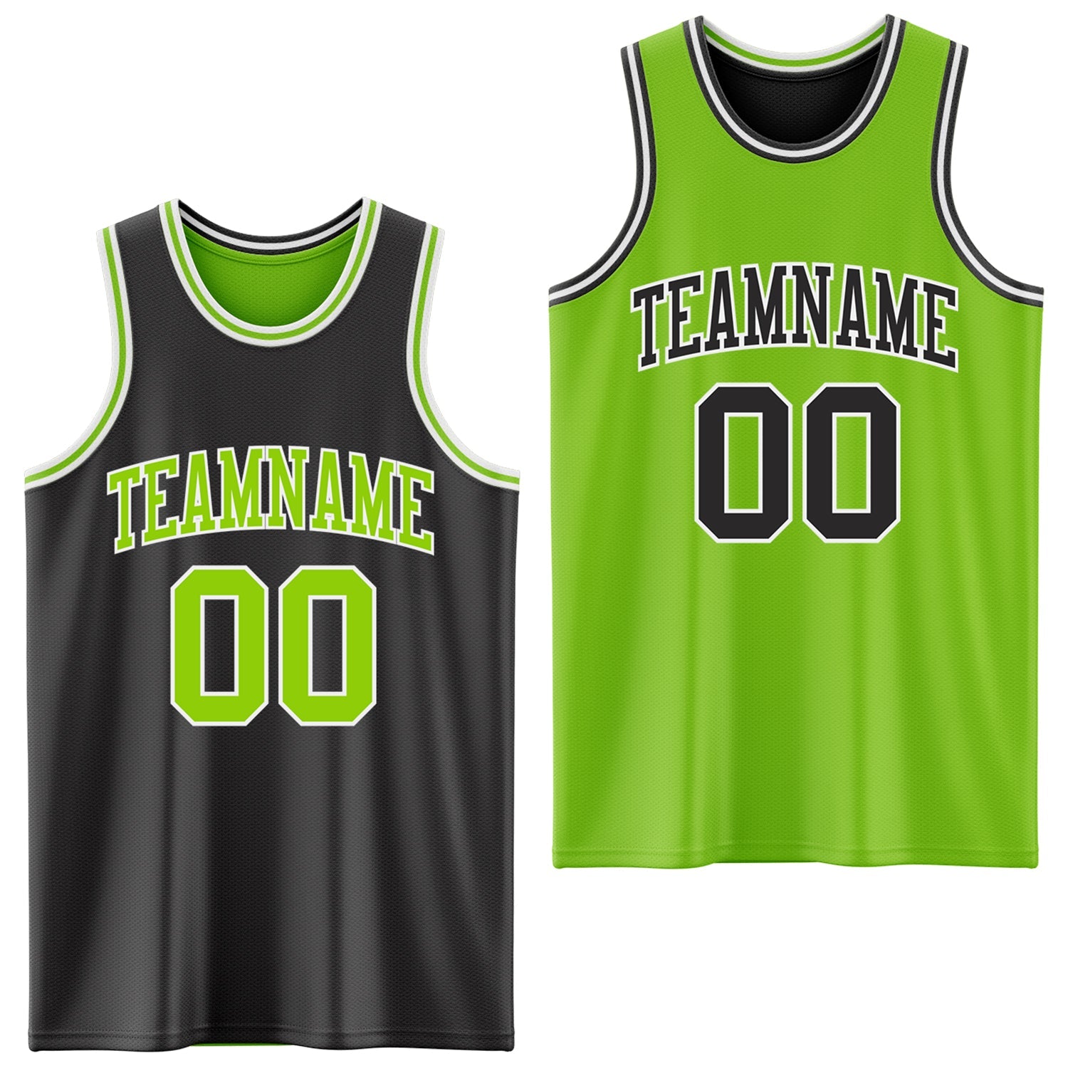 Custom Reversible Black Neon Green-White Double Side Sublimation Basketball Set Jersey