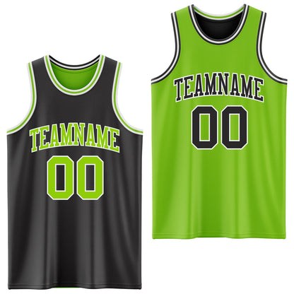 Custom Reversible Black Neon Green-White Double Side Sublimation Basketball Set Jersey
