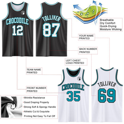 Custom Reversible Black White-Teal Double Side Sublimation Basketball Set Jersey