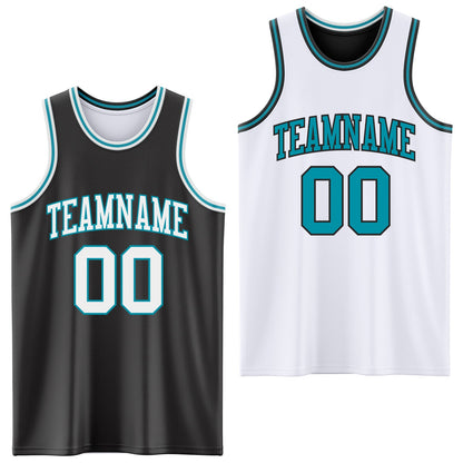 Custom Reversible Black White-Teal Double Side Sublimation Basketball Set Jersey