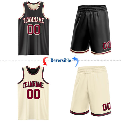 Custom Reversible Black Maroon-Cream Double Side Sublimation Basketball Set Jersey