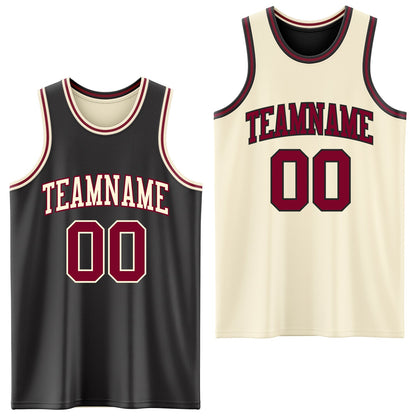 Custom Reversible Black Maroon-Cream Double Side Sublimation Basketball Set Jersey