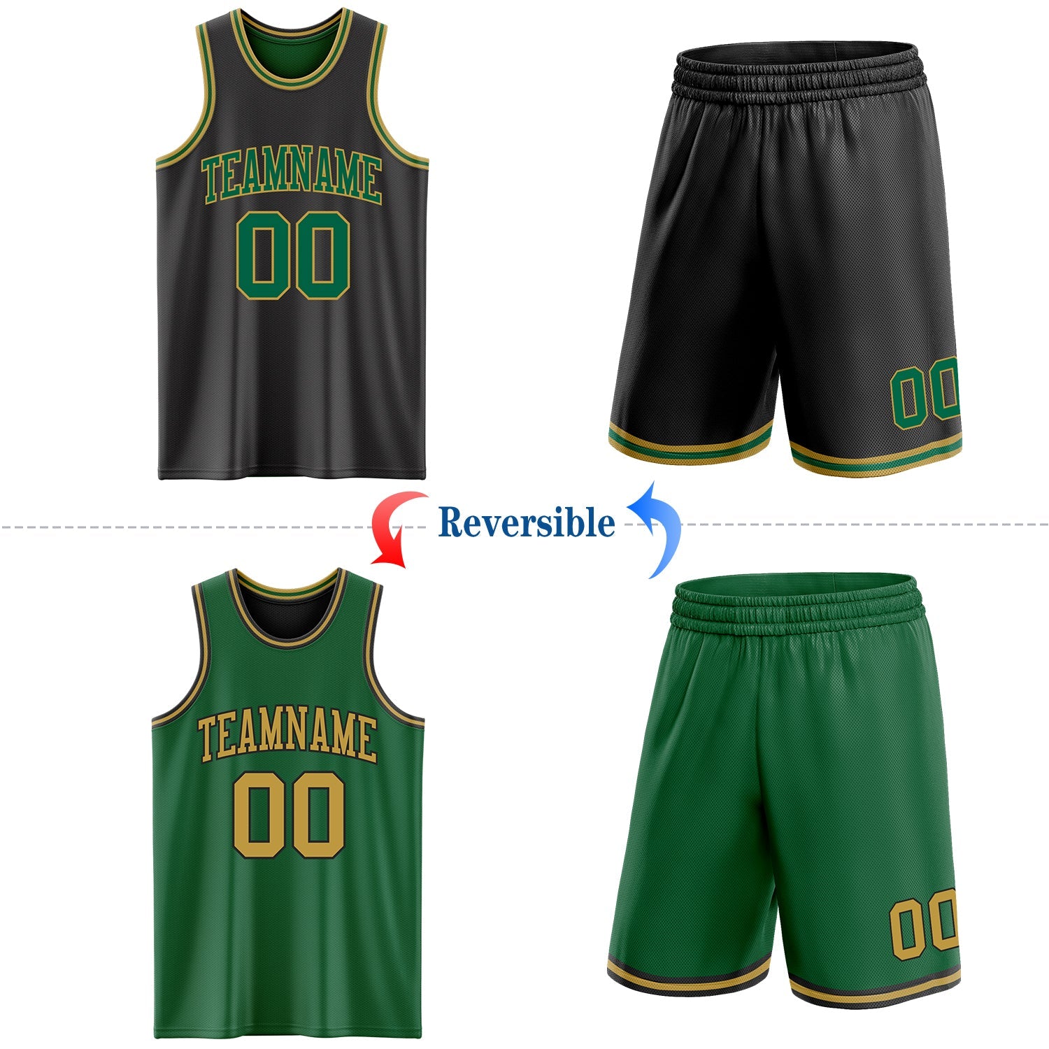 Custom Reversible Black Kelly Green-Old Gold Double Side Sublimation Basketball Set Jersey