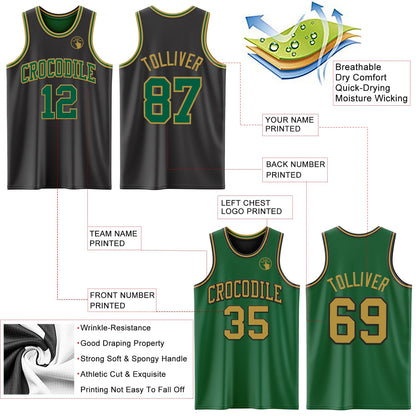 Custom Reversible Black Kelly Green-Old Gold Double Side Sublimation Basketball Set Jersey