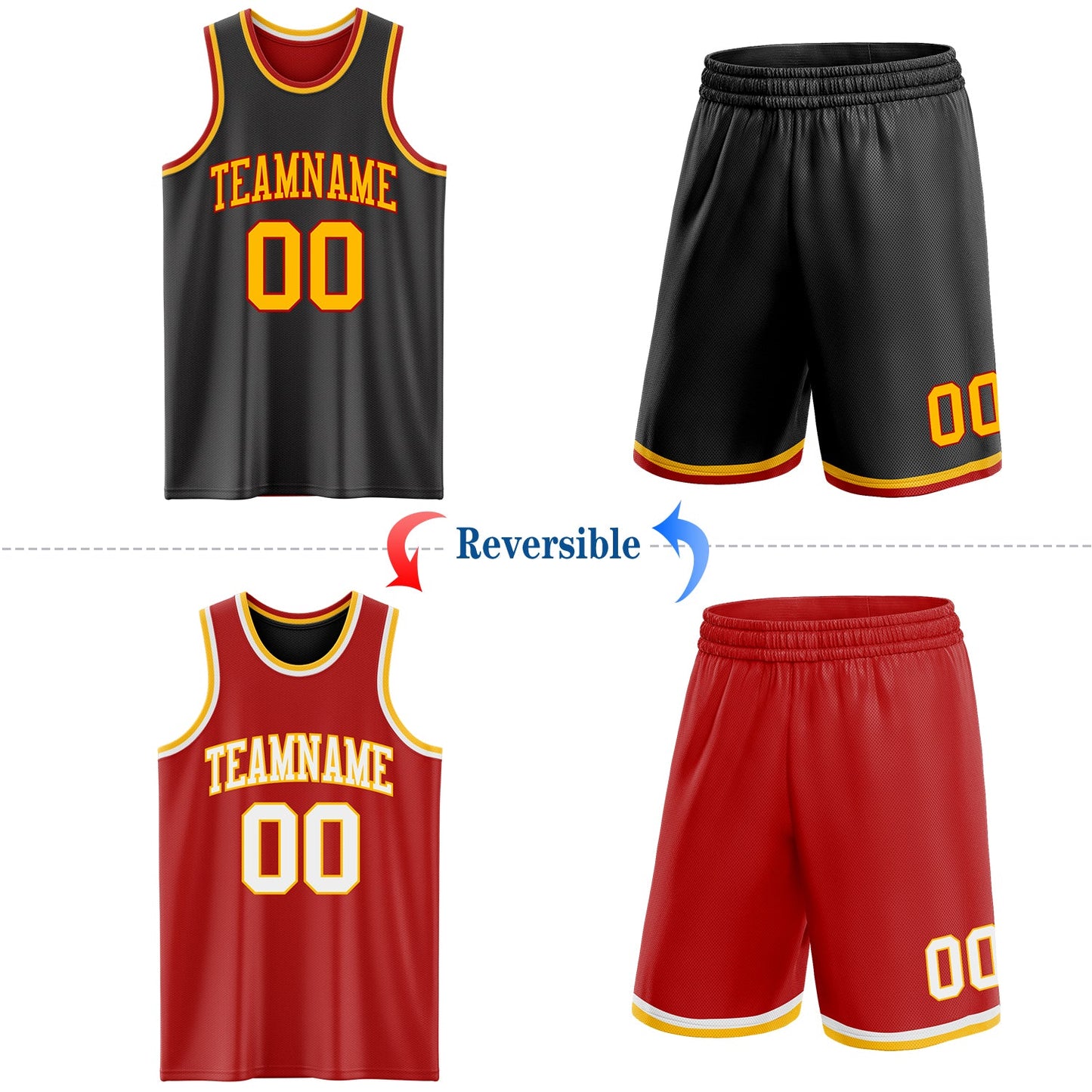 Custom Reversible Black Gold-Red Double Side Sublimation Basketball Set Jersey