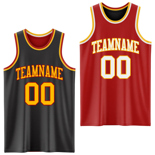 Custom Reversible Black Gold-Red Double Side Sublimation Basketball Set Jersey