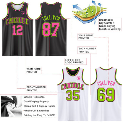 Custom Reversible Black Pink-Neon Green Double Side Sublimation Basketball Set Jersey