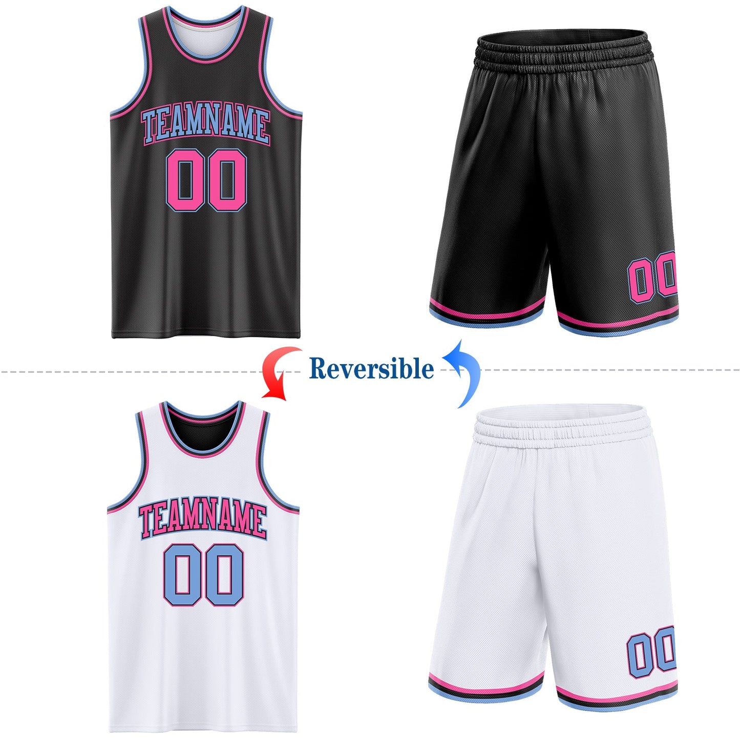 Custom Reversible Black Pink-Light Blue Double Side Sublimation Basketball Set Jersey