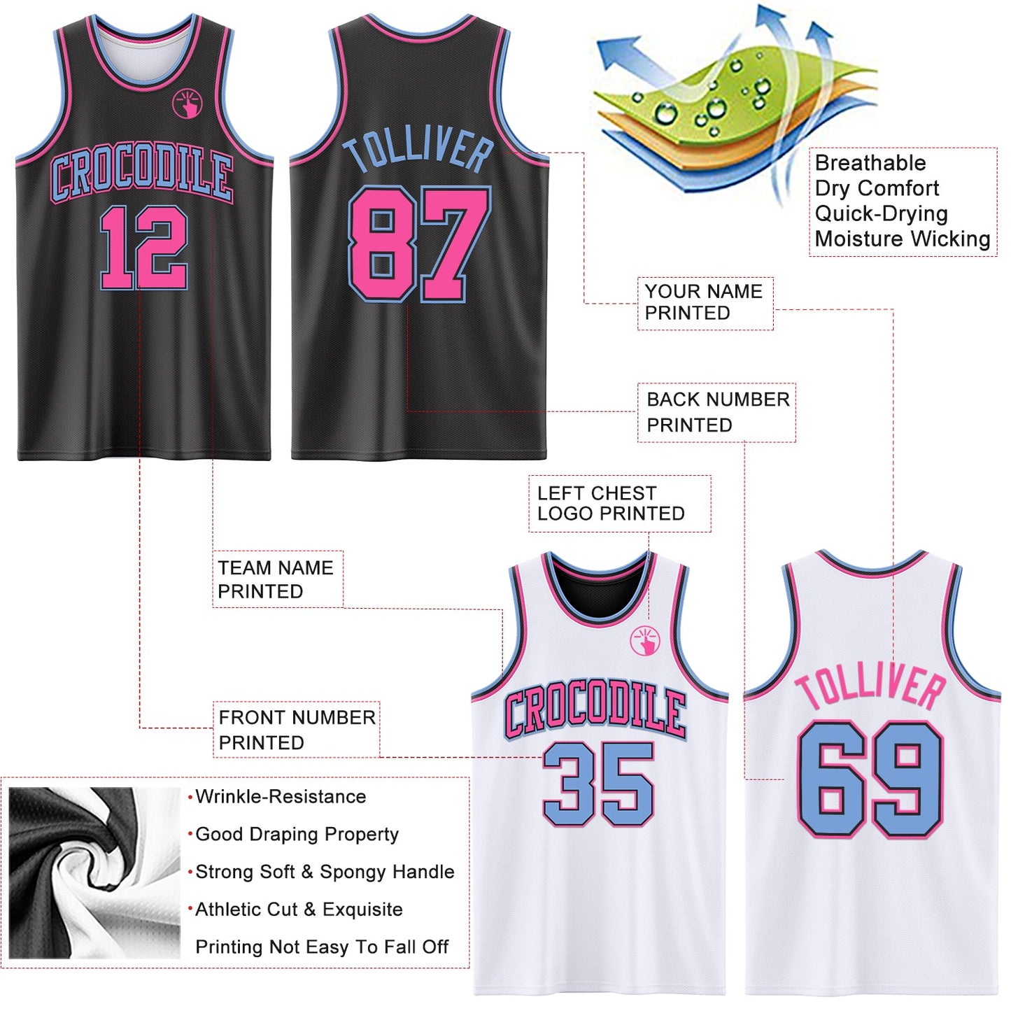 Custom Reversible Black Pink-Light Blue Double Side Sublimation Basketball Set Jersey