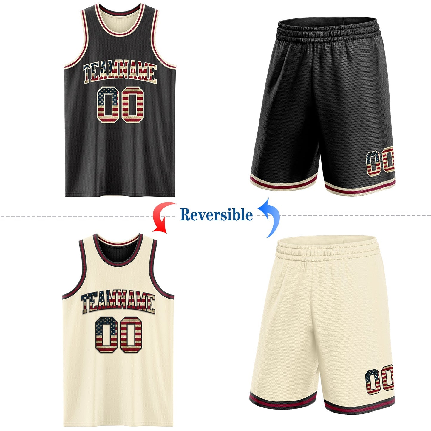Custom Reversible Black Vintage USA Flag Cream-Maroon Double Side Sublimation Basketball Set Jersey