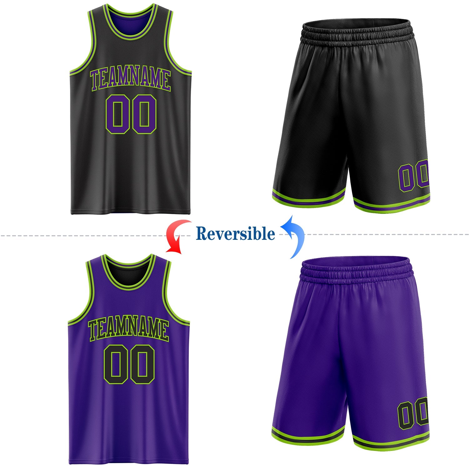 Custom Reversible Black Purple-Neon Green Double Side Sublimation Basketball Set Jersey