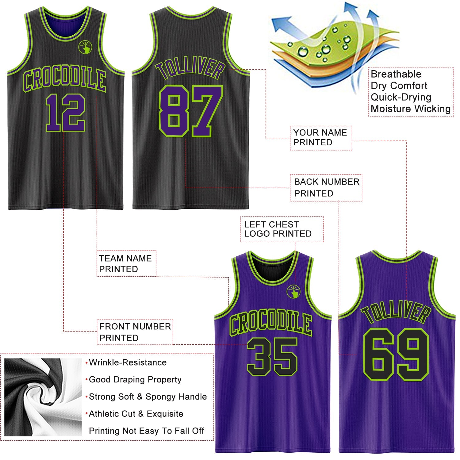 Custom Reversible Black Purple-Neon Green Double Side Sublimation Basketball Set Jersey