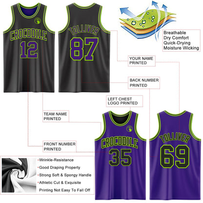 Custom Reversible Black Purple-Neon Green Double Side Sublimation Basketball Set Jersey