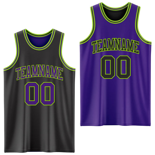 Custom Reversible Black Purple-Neon Green Double Side Sublimation Basketball Set Jersey