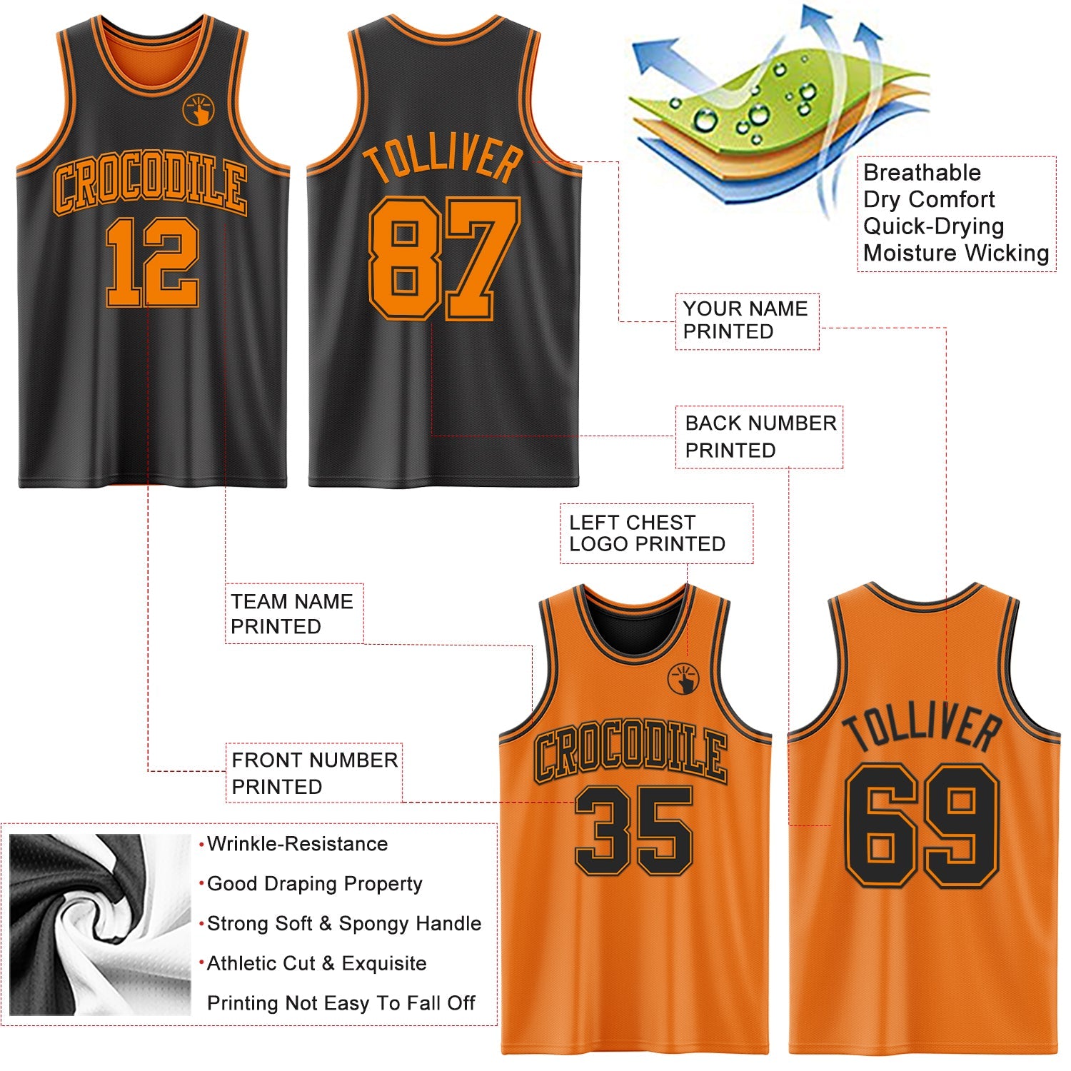 Custom Reversible Black Bay Orange Double Side Sublimation Basketball Set Jersey
