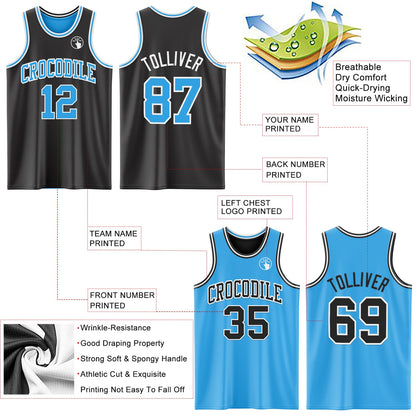 Custom Reversible Black Sky Blue-White Double Side Sublimation Basketball Set Jersey