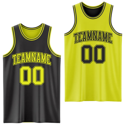 Custom Reversible Black Neon Yellow Double Side Sublimation Basketball Set Jersey
