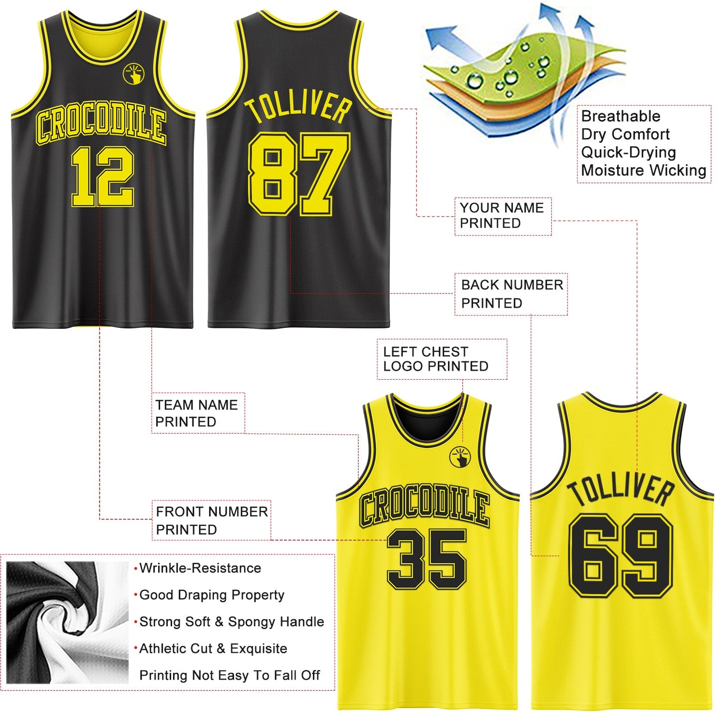 Custom Reversible Black Light Yellow Double Side Sublimation Basketball Set Jersey