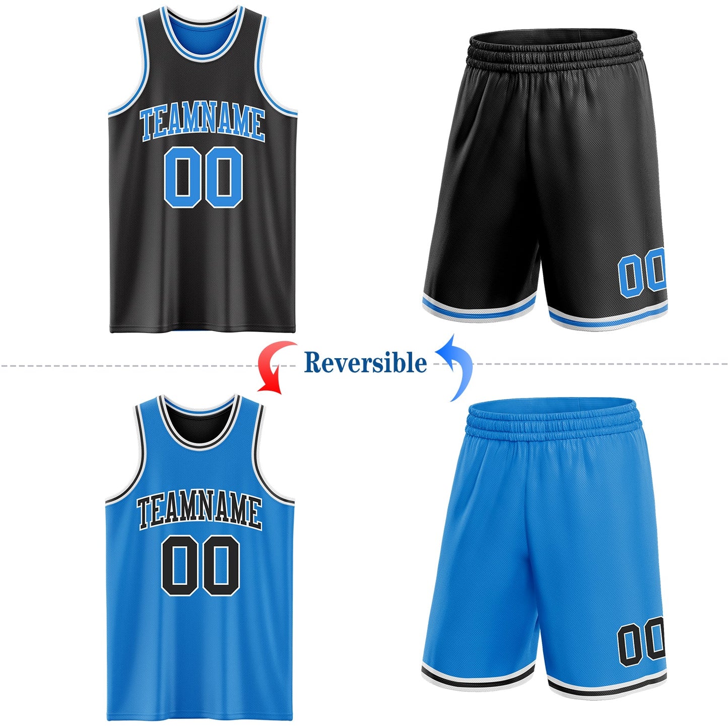 Custom Reversible Black Powder Blue-White Double Side Sublimation Basketball Set Jersey