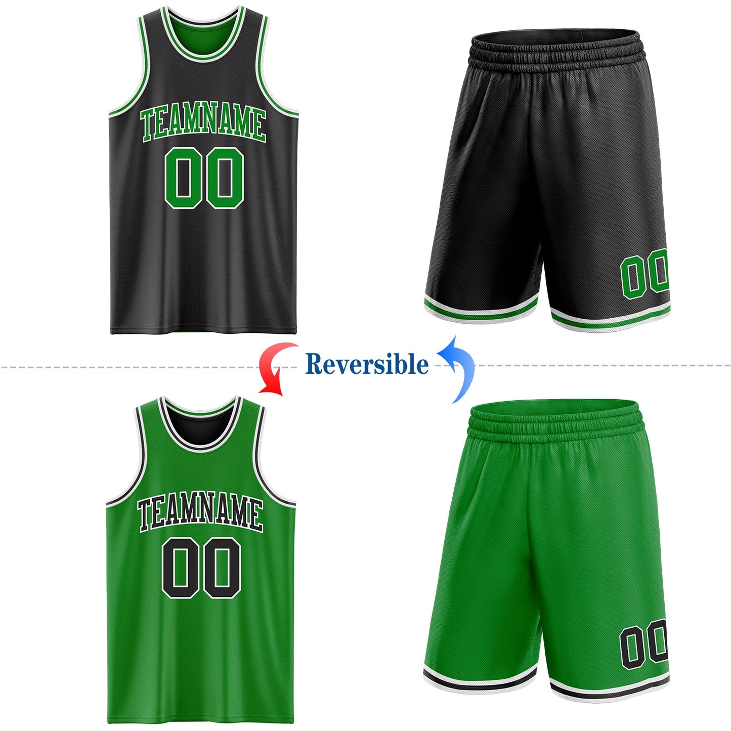 Custom Reversible Black Grass Green-White Double Side Sublimation Basketball Set Jersey
