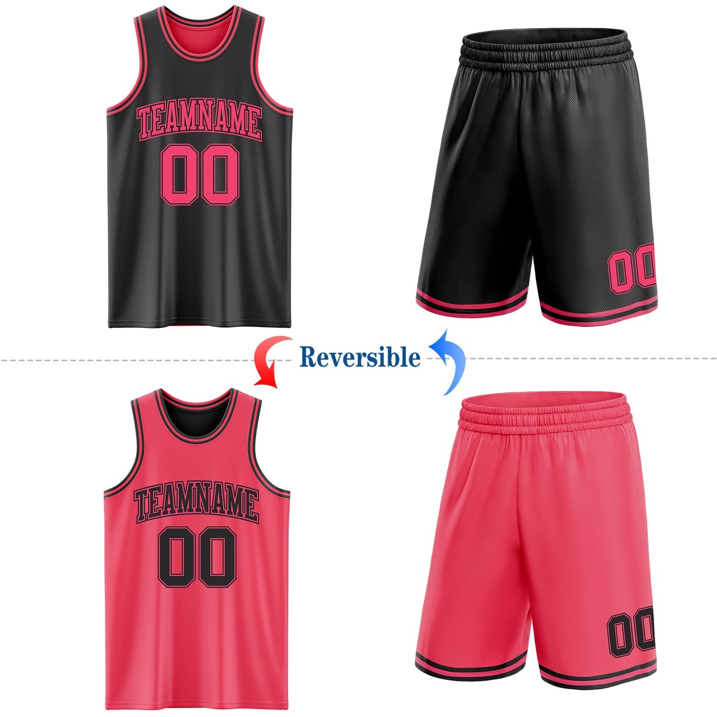 Custom Reversible Black Neon Pink Double Side Sublimation Basketball Set Jersey