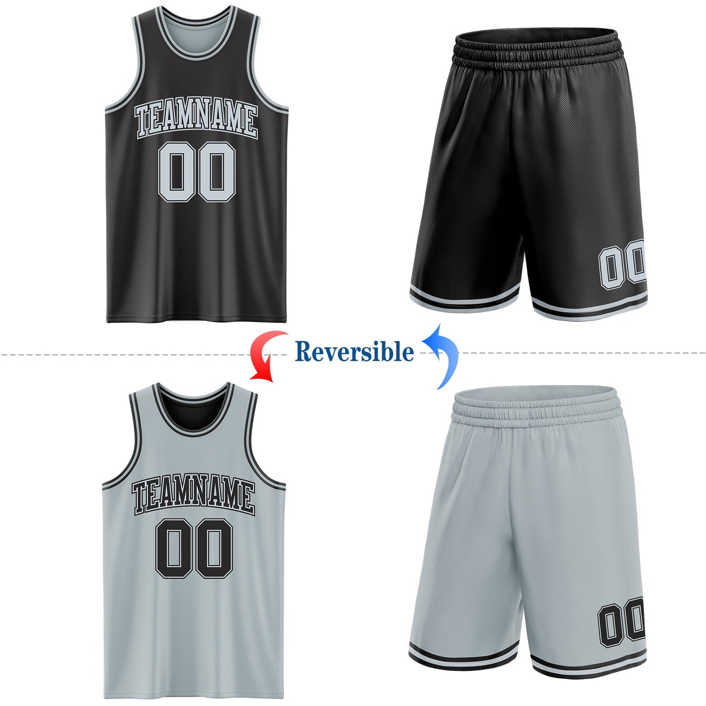 Custom Reversible Black Silver Double Side Sublimation Basketball Set Jersey