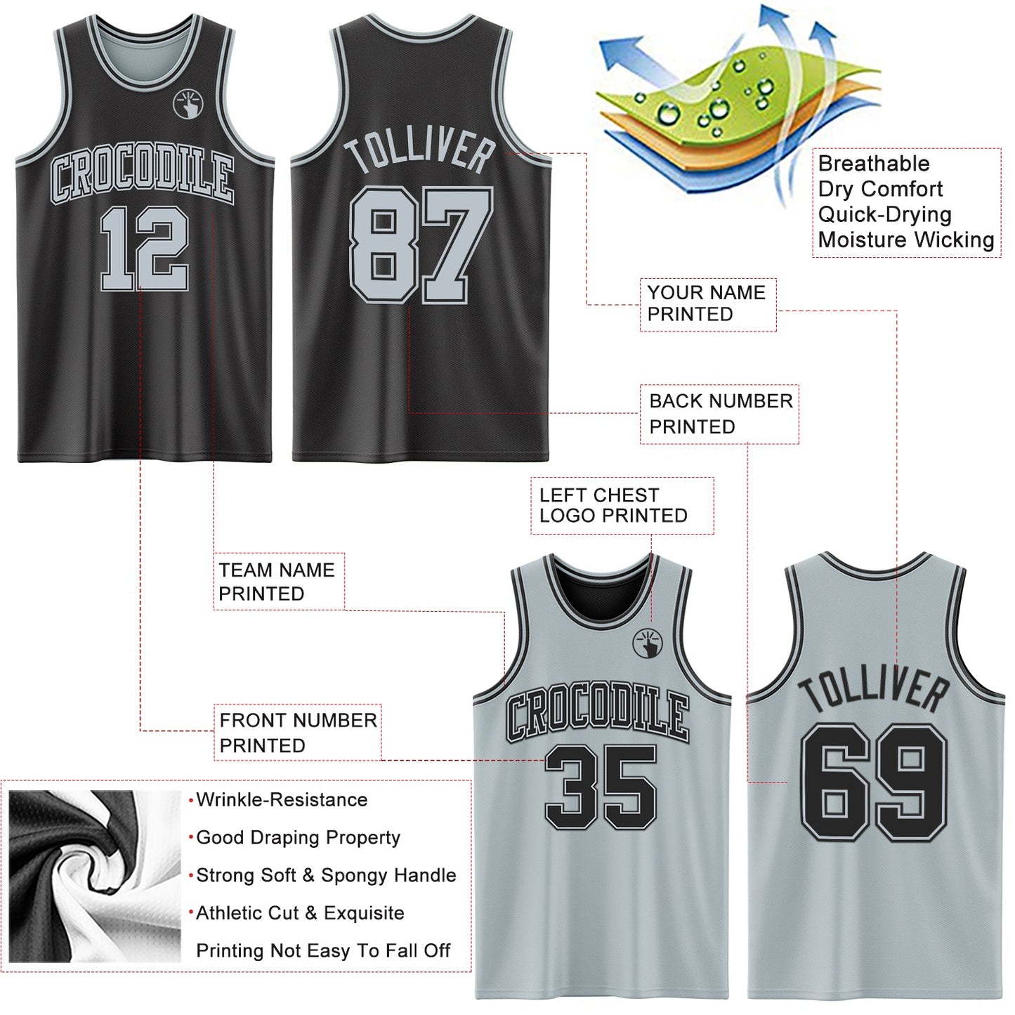 Custom Reversible Black Silver Double Side Sublimation Basketball Set Jersey