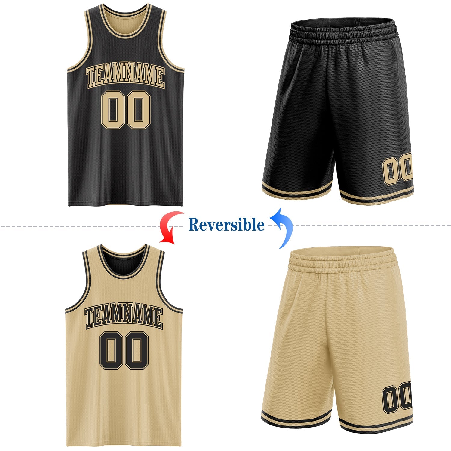 Custom Reversible Black Vegas Gold Double Side Sublimation Basketball Set Jersey