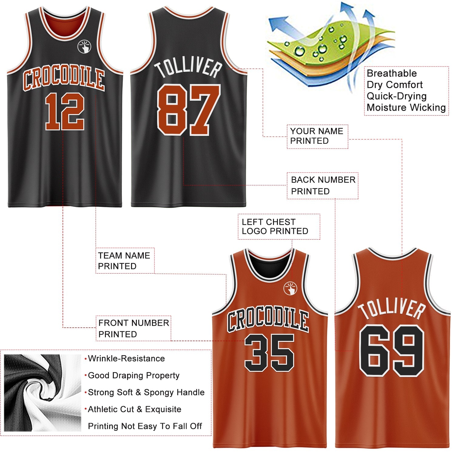Custom Reversible Black Texas Orange-White Double Side Sublimation Basketball Set Jersey