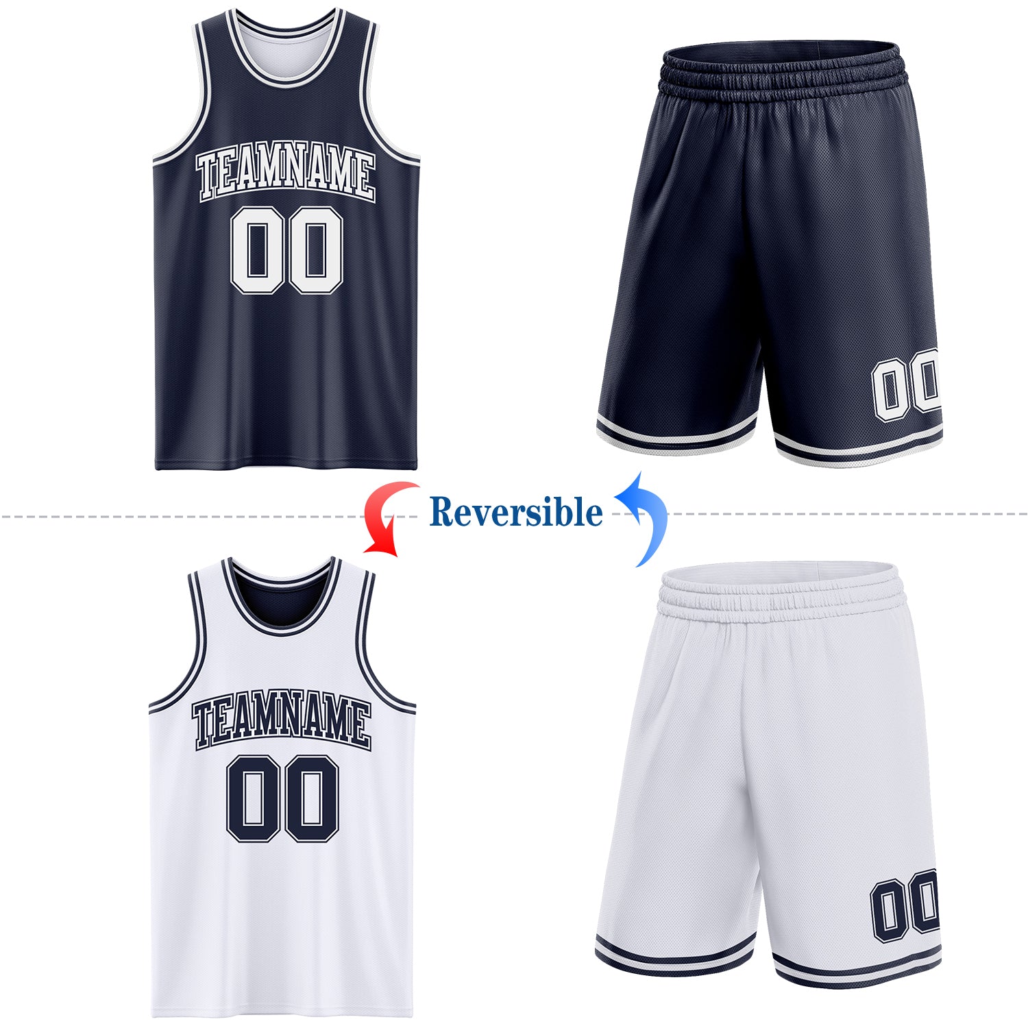 Custom Navy White Reversible Double Side Sublimation Basketball Set Jersey