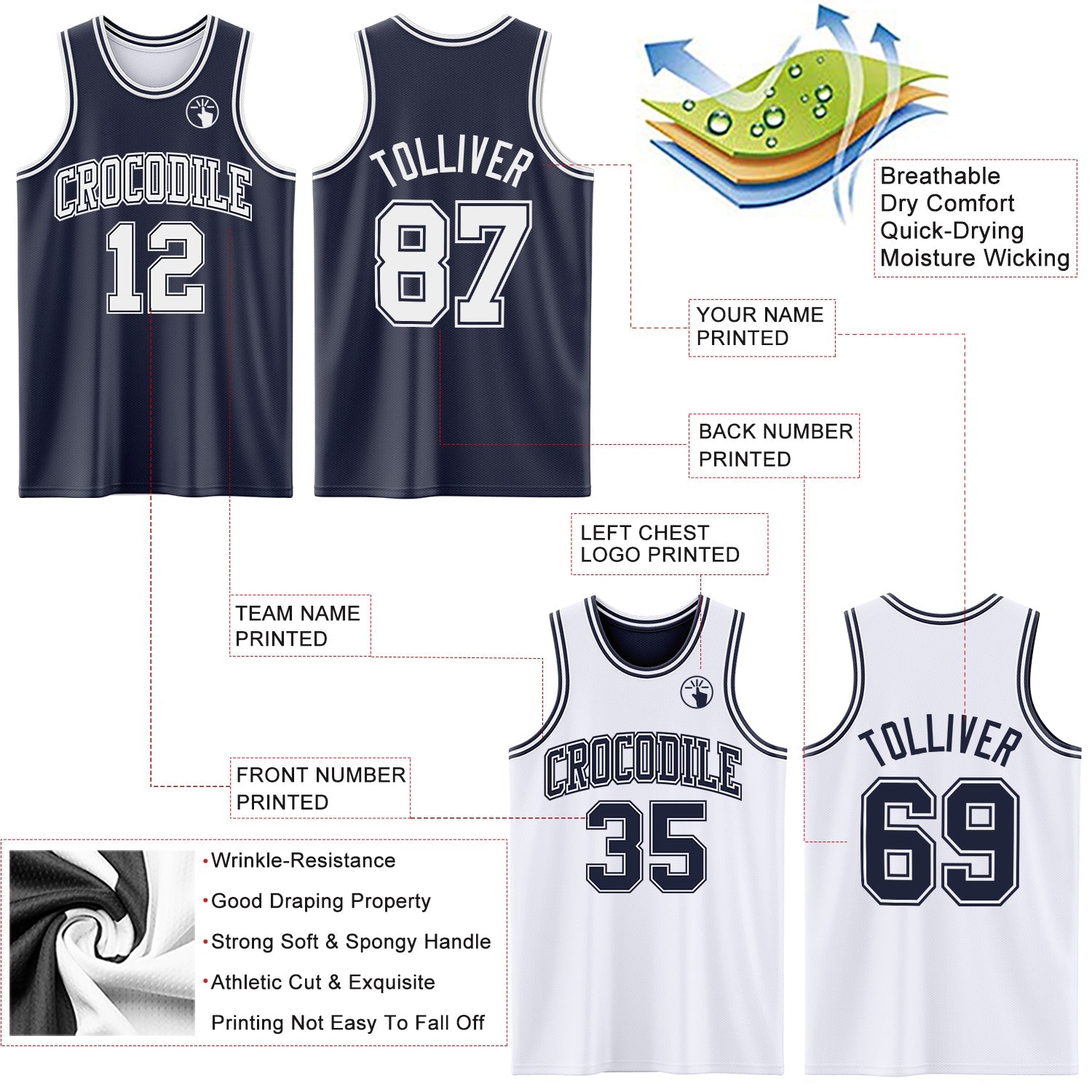 Custom Navy White Reversible Double Side Sublimation Basketball Set Jersey